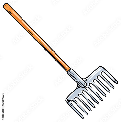 Hand drawn illustration of a garden rake
