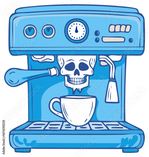 Blue Espresso Machine with Skull and Coffee Cup Cartoon Style Illustration