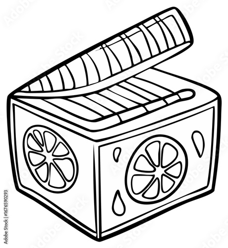 Stylized illustration of an open matchbox decorated with lemon slices and drops