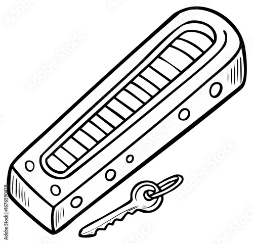 Hand drawn illustration of a door lock and a key, black and white design.