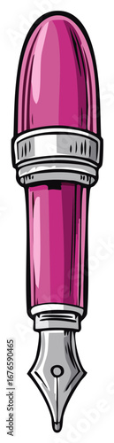 Elegant magenta fountain pen with a classic steel nib, hand drawn vector art illustration.