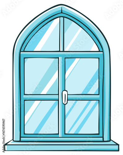 Cartoon vector Gothic window illustration with frame sill clear glass pane, simple design