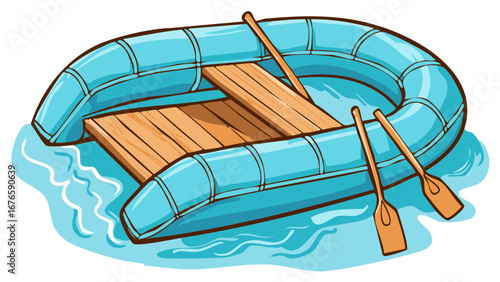 Inflatable River Raft with Paddles Illustration, Navigating Water Adventure, Aquatic Cartoon Recreation