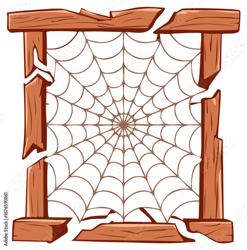 Cracked Wooden Frame with Spider Web