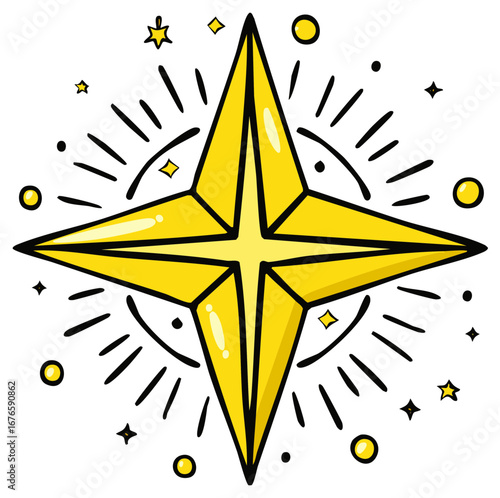 Hand drawn cartoon illustration of a shining four pointed Christmas star