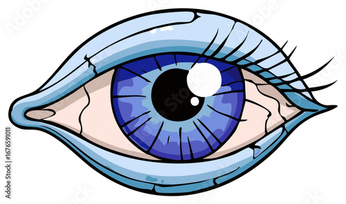 Detailed cartoon blue eye with black pupil and light blue eyelids