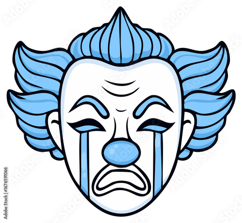 Cartoon crying clown face showing sadness with blue hair and tear drops vector graphic