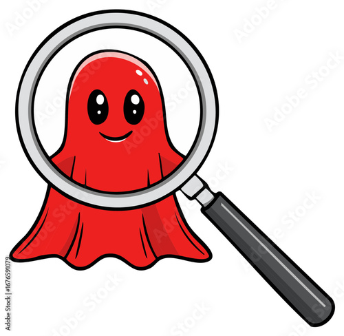 Cartoon red ghost with magnifying glass, searching or finding something
