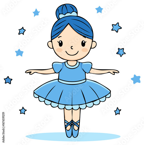 Cute cartoon ballet dancer in blue tutu and pointe shoes surrounded by stars