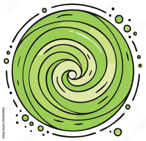 Green swirling spiral, cartoon style portal surrounded by dots and lines in a circular design, graphic element