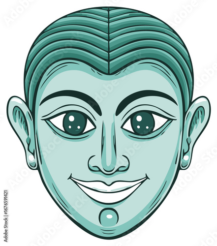 Stylized illustration of a smiling cartoon face with detailed features in light blue color