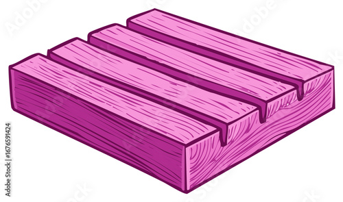 Isometric illustration of stylized pink wooden block with grooves and wood grain.