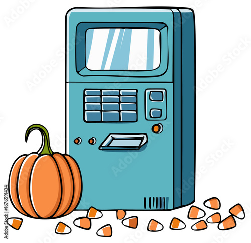 Retro Style Halloween Candy Machine and Pumpkin Illustration