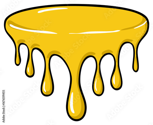 Cartoon illustration of dripping yellow liquid, flowing with a black outline.