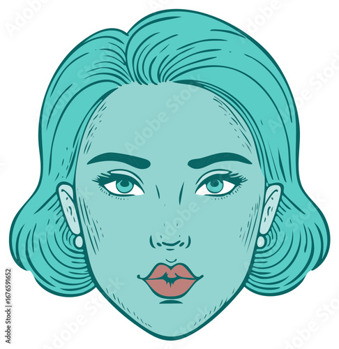 Woman's face illustration with turquoise skin and turquoise hair, red lips, pearl earrings.