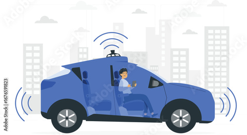 Modern self driving car illustration with futuristic elements