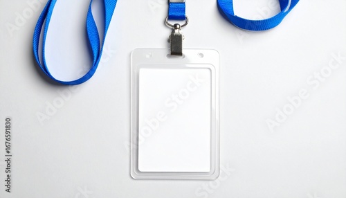 Blank plastic ID card badge with a blue lanyard strap on a clean white background. Identity tag template mockup for corporate or event access