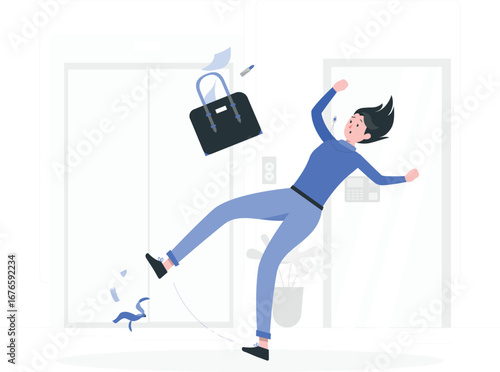 Funny monkey slipping on banana peel illustration