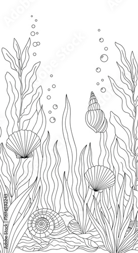 Underwater aquatic plants swaying gently with rising bubbles in a serene natural ocean scene