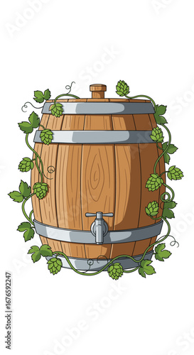 Rustic wooden barrel adorned with fresh green hops and a spigot for beverage dispensing