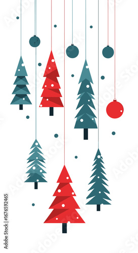 Festive winter hanging christmas trees with ornaments decorations for holiday celebration