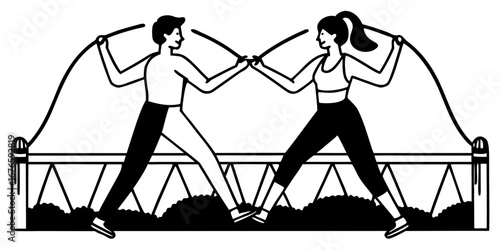 Two people skipping rope on a bridge with bushes in black and white line art illustration style image