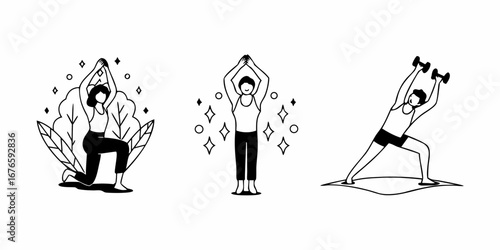 Three line art illustrations of people doing yoga and exercise with dumbbells and nature elements
