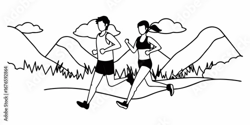 Illustration of a man and woman jogging outdoors with mountains clouds and grass in a black and white scene
