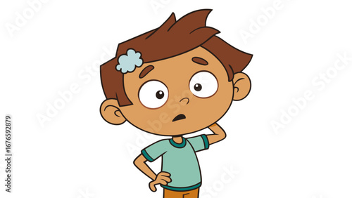 Worried Boy Cartoon Character with Spiky Hair - Concerned Kid with Hand on Head, Children's Emotion Vector Illustration
