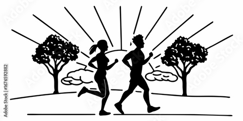 Silhouette of a man and woman jogging in a park with trees and sun rays in black and white style
