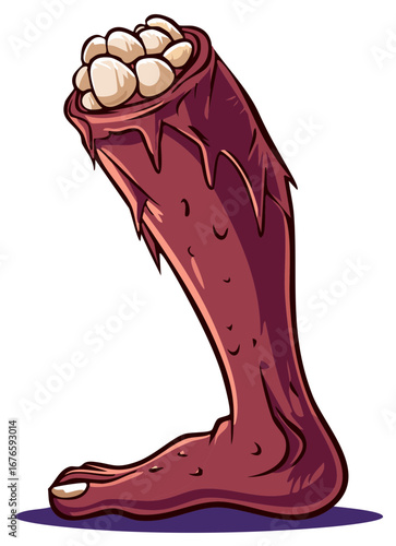 Grotesque severed leg filled with white orbs in a cartoon style