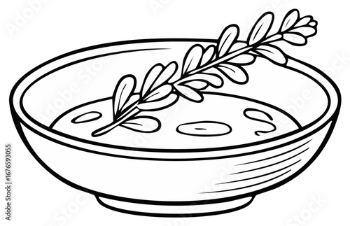 Hand drawn illustration of a soup bowl with a sprig of rosemary garnish