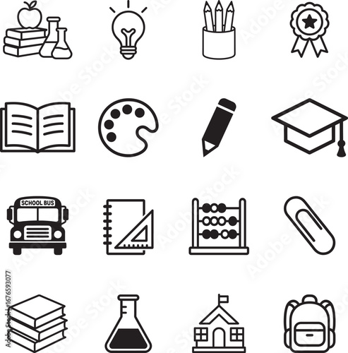 Cartoon school and education icons set, Learning supplies silhouette vector illustrations