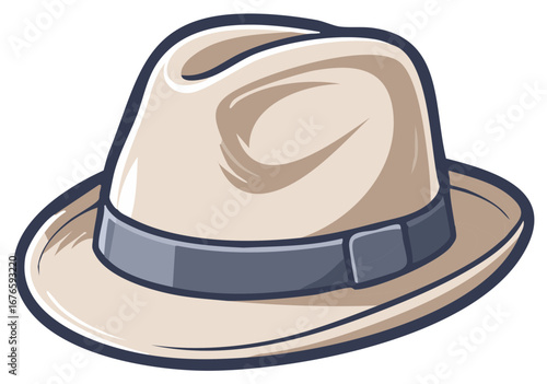 Cartoon Style Fedora Hat Icon with Dark Blue Trim for Fashionable Headwear, Vintage Look and Clothing Accessory