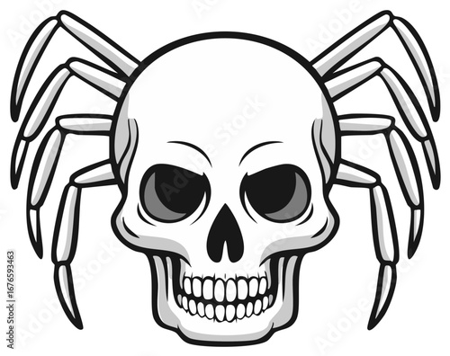 Skull with spider legs cartoon illustration for Halloween, fear and death themes, in black and white, vector graphic
