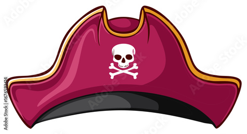 Cartoon style burgundy pirate hat with skull and crossbones on white