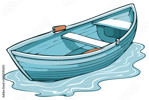 Simple blue rowboat with wooden accents floating on calm water illustrated graphic