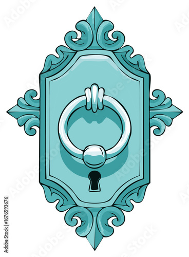 Teal Door Knocker Adorned with Ornate Embellishments and Antique Keyhole, Offering a Glimpse of Mystery