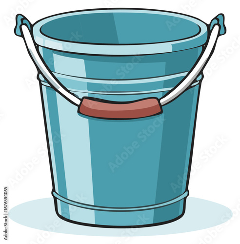 Cartoon Illustration of an Aqua Bucket with Metal Handle