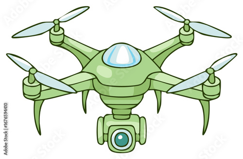 Green drone cartoon illustration with four propellers and a camera for aerial photography or videography