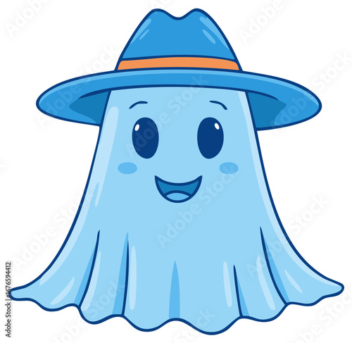 Cute blue cartoon ghost character wearing a stylish fedora hat and smiling happily