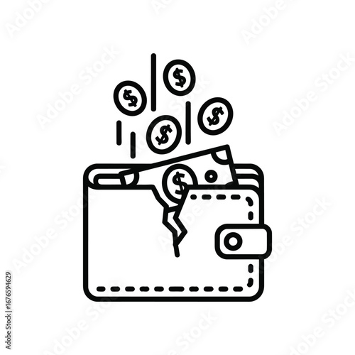 Wallet Leak: A stark illustration of financial loss and economic insecurity. A cracked wallet is depicted with money and coins cascading out.