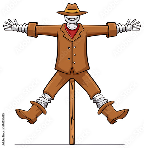 Cartoon scarecrow in brown suit, hat and boots on wooden stake illustration