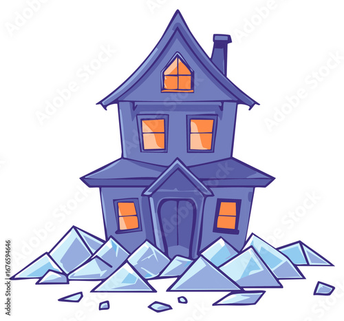 Cartoon illustration of a spooky purple house with glowing orange windows surrounded by broken glass shards
