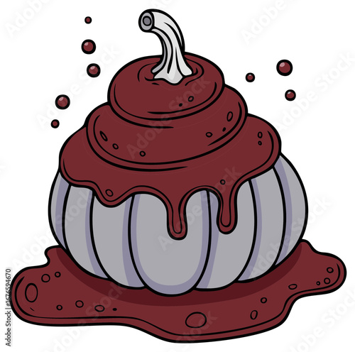 Creepy cartoon purple pumpkin covered in dark red dripping goo illustration