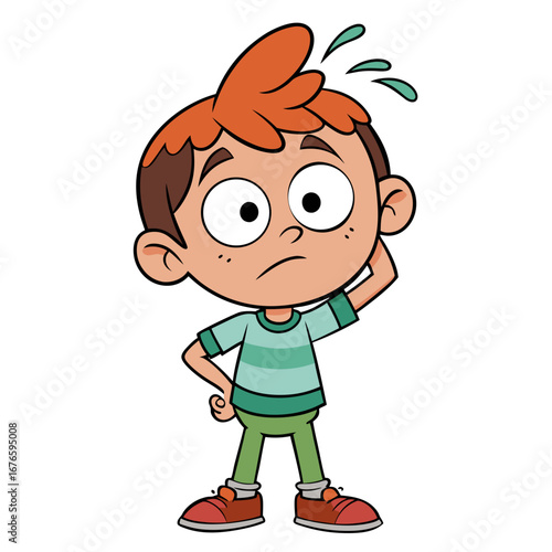 Stressed Boy Cartoon Character with Sweat Drops - Worried Kid with Hand on Head, Children's Anxiety Emotion Illustration
