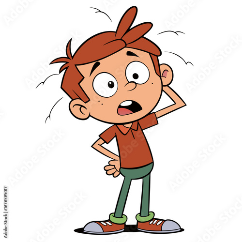 Anxious Boy Cartoon Character with Messy Hair - Nervous Kid with Hand on Head and Worried Expression, Children's Emotion Art
