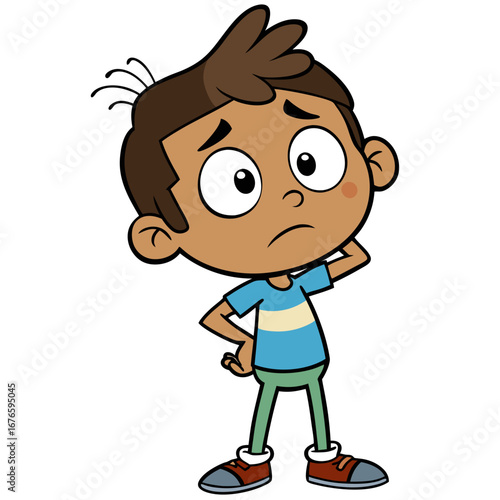Concerned Boy Cartoon Character Looking Up - Worried Kid with Sad Expression and Hand on Head, Diverse Children's Illustration
