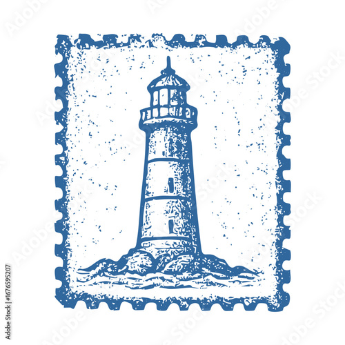 Vintage lighthouse illustration on postage stamp design for coastal decor and nautical themed projects design