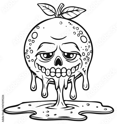 Creepy melting citrus fruit with a spooky skull face in black and white line art illustration